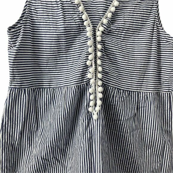 Blush Pom Pom Sleeveless Top Blue White Striped Deep Adjustable V Neck Womens L - Picture 4 of 10